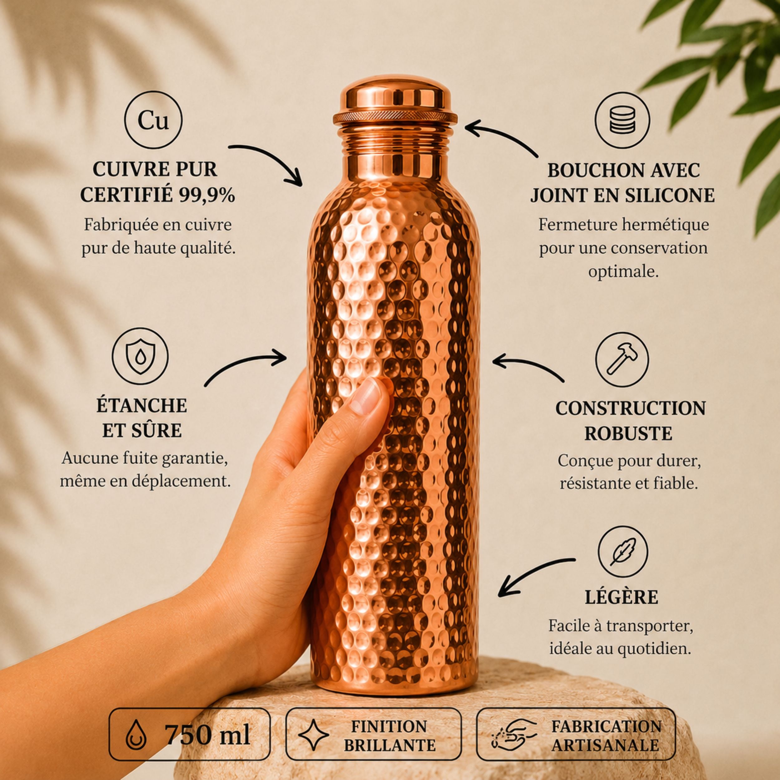 Gourde en Cuivre Pur – MyTamra™ | L’Eau Purifiée Naturellement, Sans Plastique